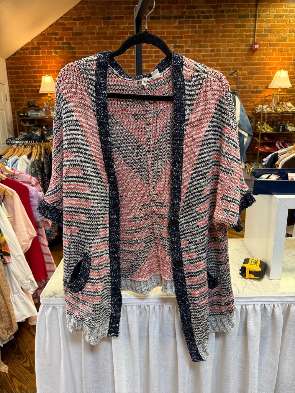 Moth Pink, White & Navy Striped Knit Open-Front Cardigan